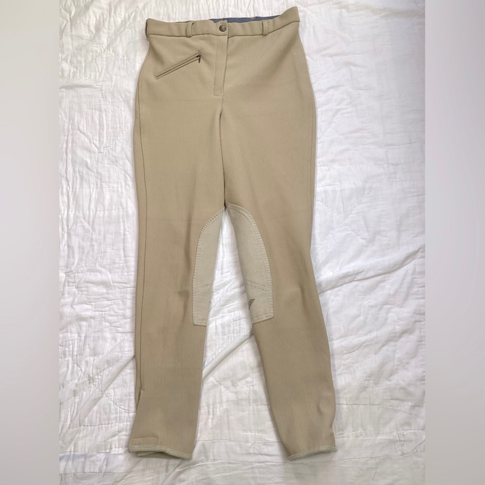 Womens TuffRider Ribb Front Zip Knee Patch Breeches Tan 30 Reg
